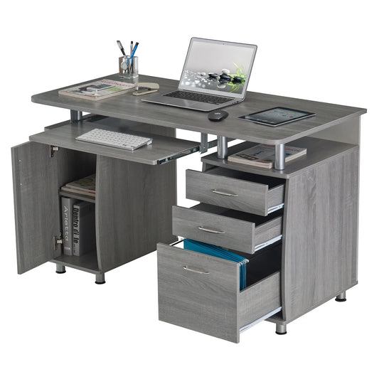 Workstation Computer Desk with Storage in Grey, L-Shaped Office Desk with Bookshelf, CPU Stand, Keyboard Tray for Home Office and Study