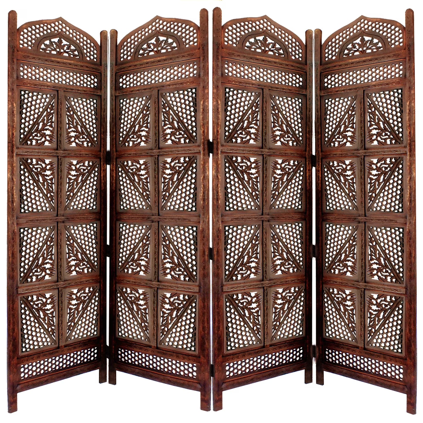 Four Panel Wooden Room Divider with Hand Carved Details in Antique Brown