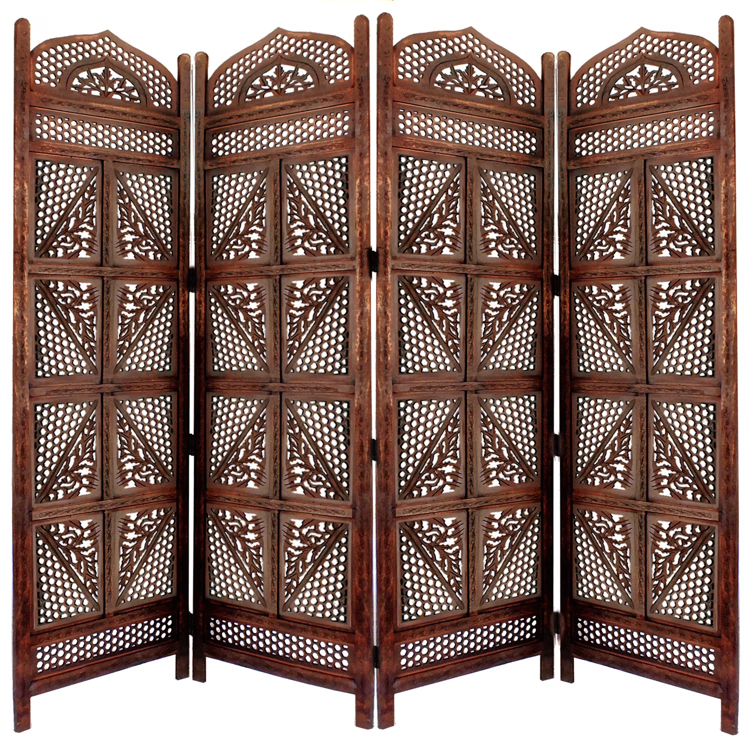 Four Panel Wooden Room Divider with Hand Carved Details in Antique Brown