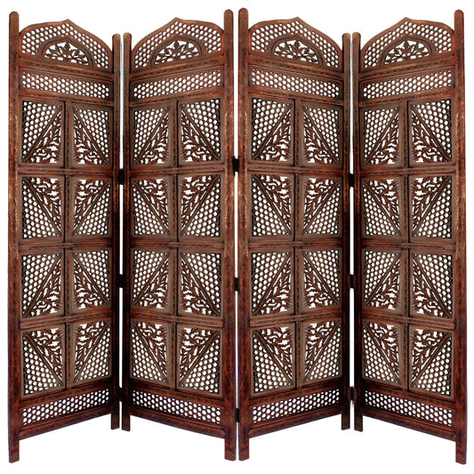 Four Panel Wooden Room Divider with Hand Carved Details in Antique Brown