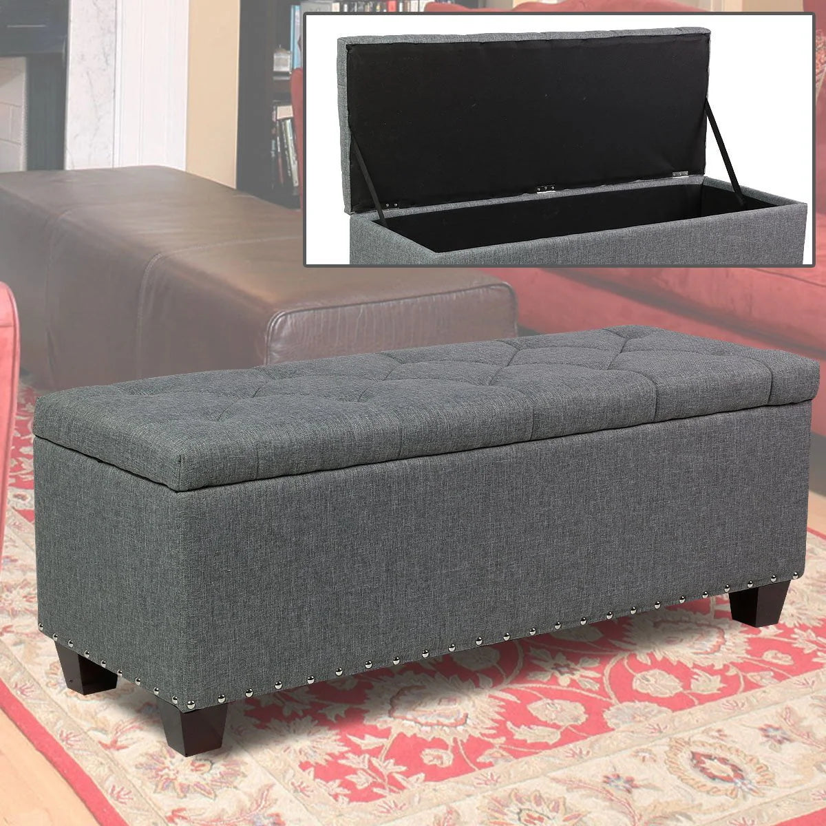 Magshion Rectangular Storage Ottoman Bench Tufted Footrest Lift Top Pouffe Ottoman, Coffee Table, Seat, Foot Rest, and more 42'', Linen Grey