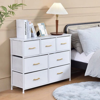Bigroof 7 Drawer Fabric Dresser Accent White Dresser Chest Storage Organizer for Bedroom with Marbled WoodBoard and Artificial Leather for Living Room, Hallway, Entryway, Closet, Nursery, Kids Bedroom