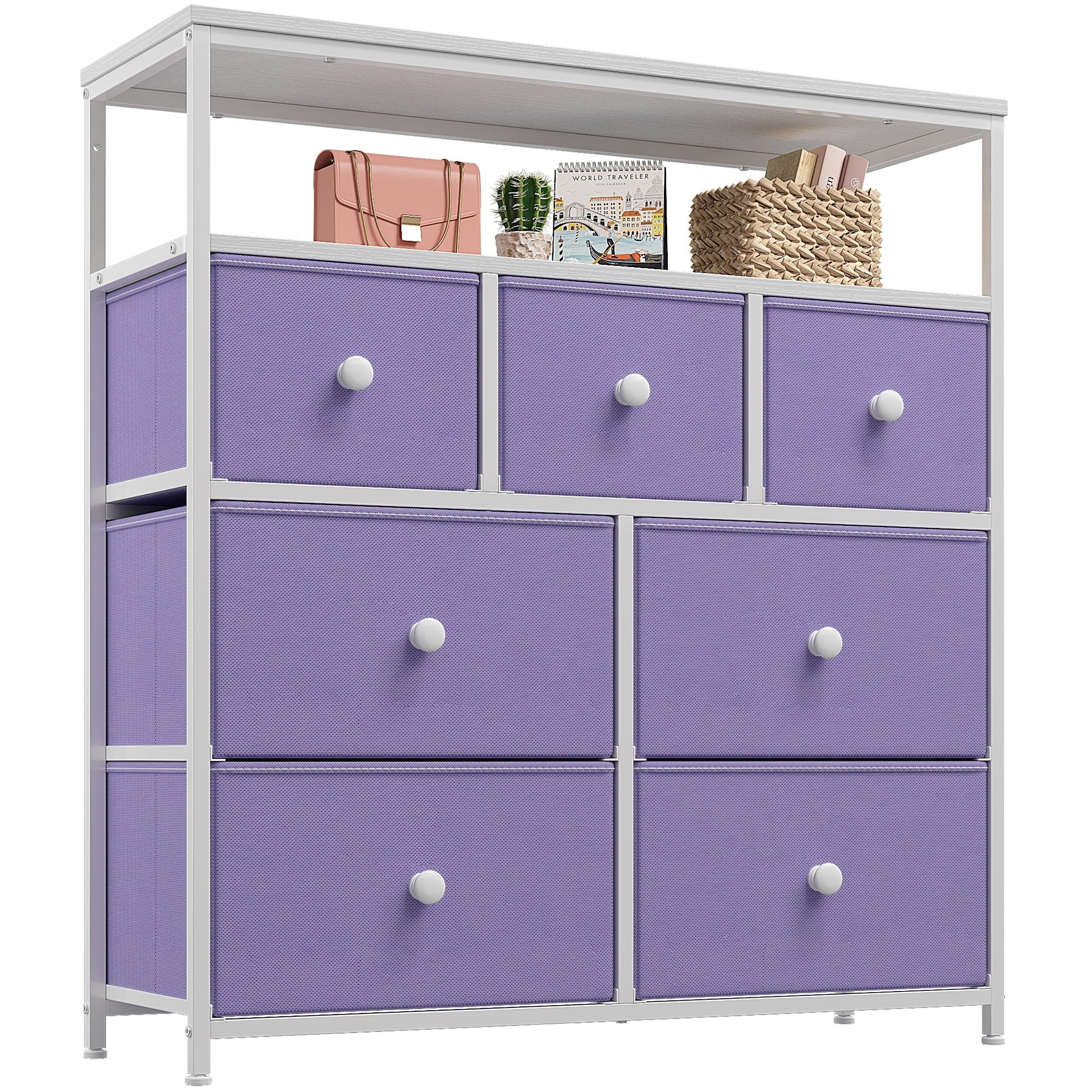 EnHomee Dressers for Bedroom with 7 Drawers Pink Dresser Fabric Chest of Drawers with Shelves Portable Storage Tower Small Dresser for Living Room Nursery Guest Room
