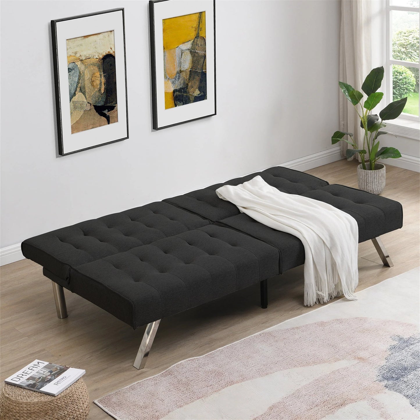 Aukfa Linen Futon Convertible Sofa for Home Office, Split Back, Space Save, Black
