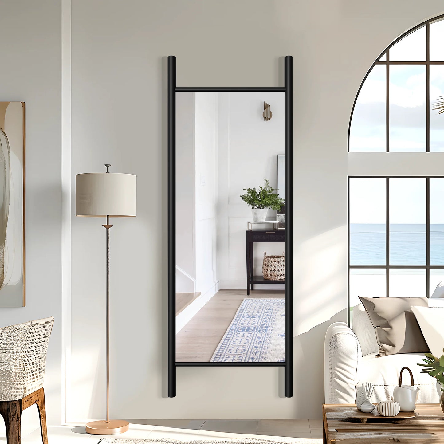 63"x24" Wood Full Length Mirror Ladder Rectangle Floor Mirror, Black