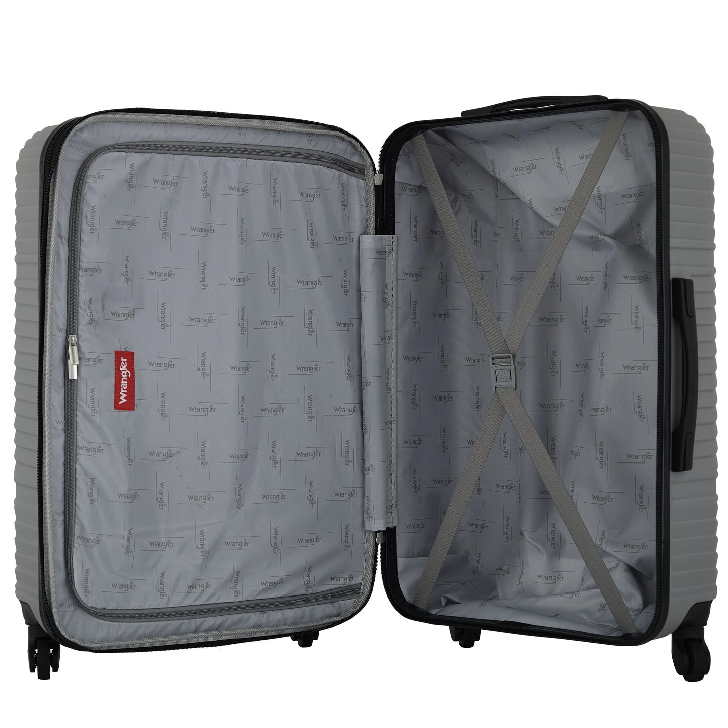 Wrangler 4 Piece Expandable Hardside Spinner Luggage Set with Packing Cubes, Sharkskin Grey