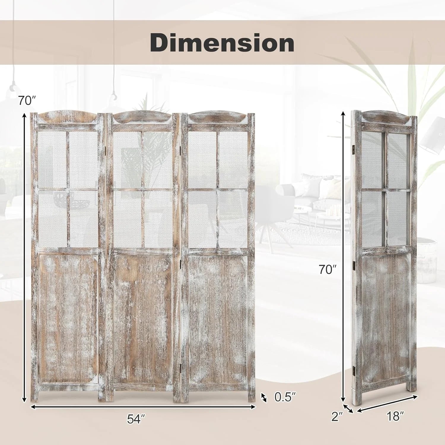GOFLAME 3-Panel Folding Room Divider, 6FT Paulownia Wood Privacy Screen with Mesh Window, Natural Rustic Freestanding Wall Divider Partition for Room Separation, No Assembly Required