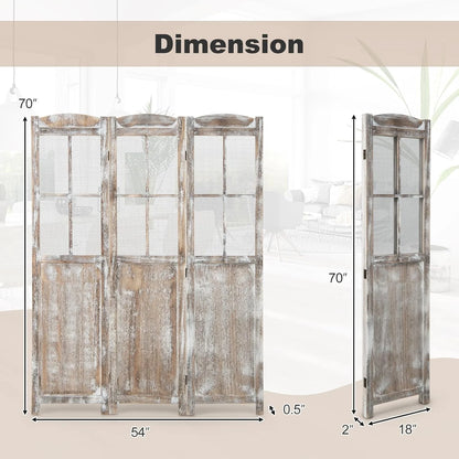 GOFLAME 3-Panel Folding Room Divider, 6FT Paulownia Wood Privacy Screen with Mesh Window, Natural Rustic Freestanding Wall Divider Partition for Room Separation, No Assembly Required