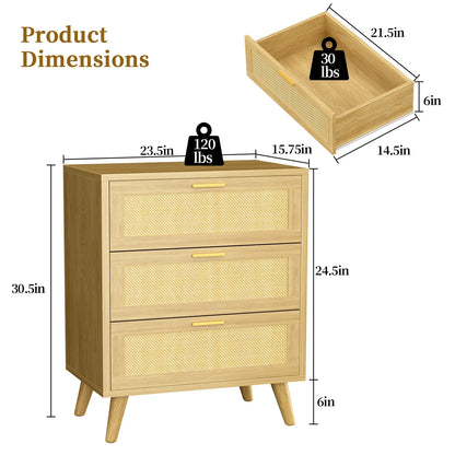 Capri 3 Drawer Dresser, Rattan Storage Wide Chest of Drawers, Night Stand Storage Cabinet for Women, Kids, Baby, Nursery, Girls, Bedroom Living Room Furniture, Natural