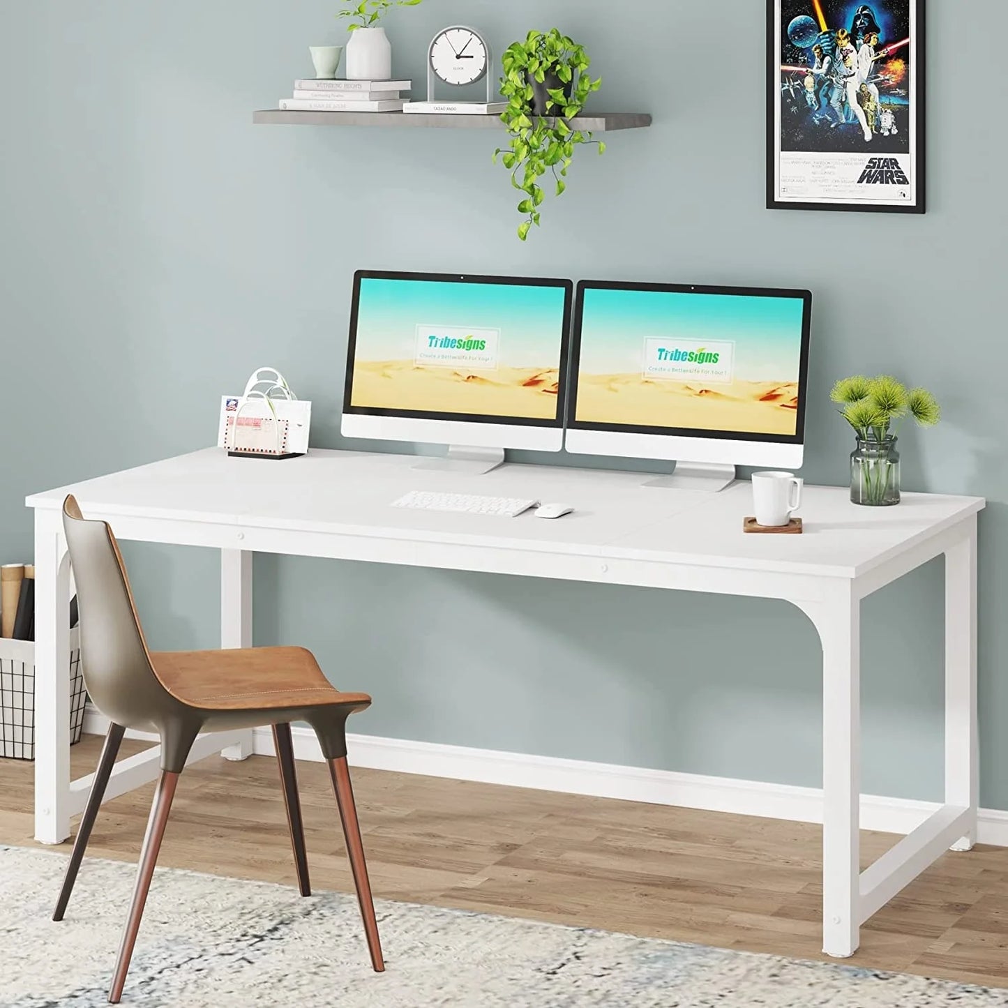 Large Simple Computer Desk Office Computer Table Writing Table for Home Office 63" L x 31.5" W x 29.5" H - Off White