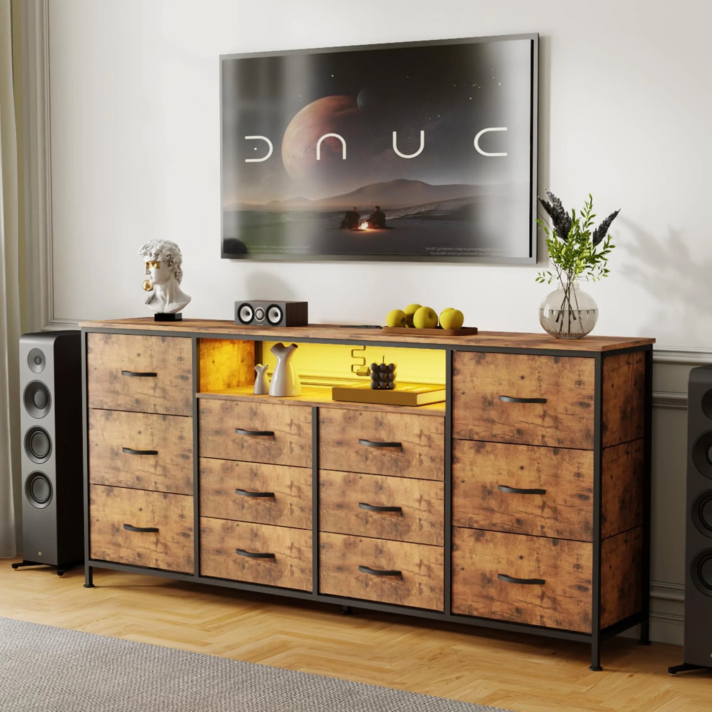 Danolapsi 12-Drawer Dresser with Charging Station & LED Lights, Fabric Chest of Drawers with Sturdy Metal Frame, Wood Top TV Stand, Storage Organizer for Bedroom, Closet, Entryway, Nursery