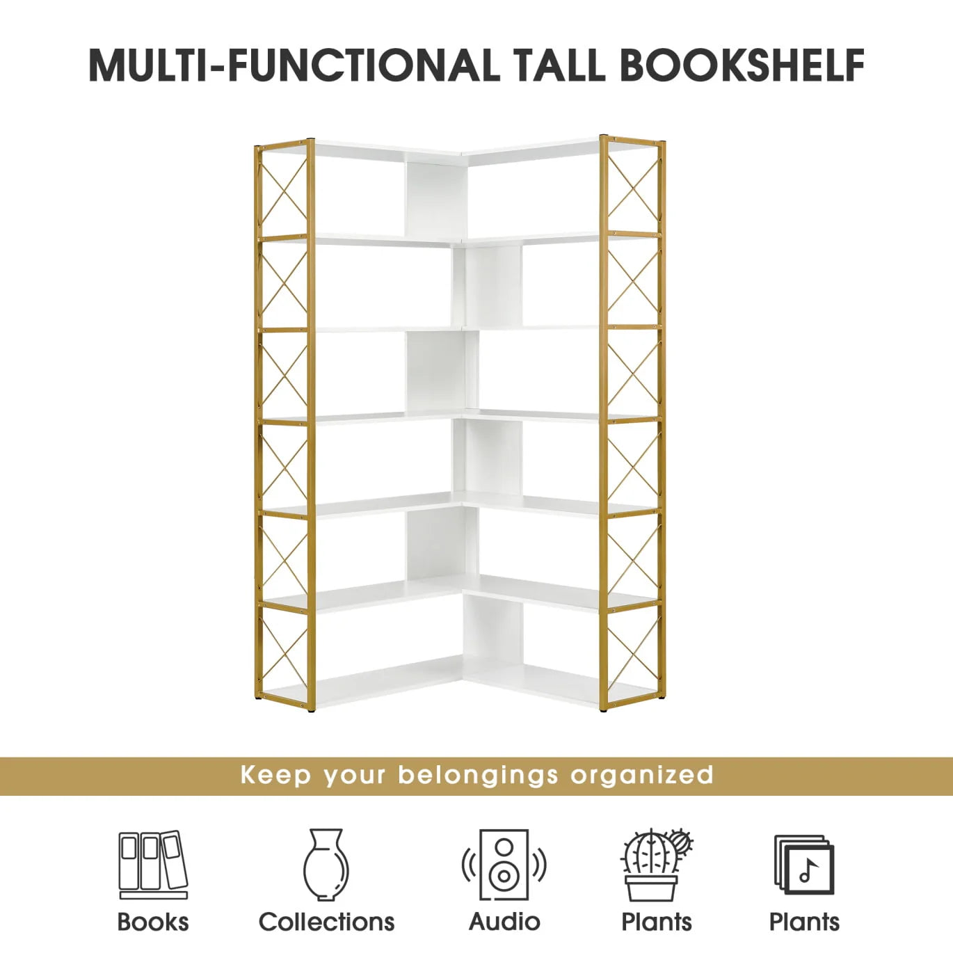7-Tier Bookcase, L-Shaped Corner Bookcase, Tall Bookshelf with Metal Frame, Industrial Style Shelf with Open Storage, Bookshelf for Home Office Living Room and Bedroom, Gold+White