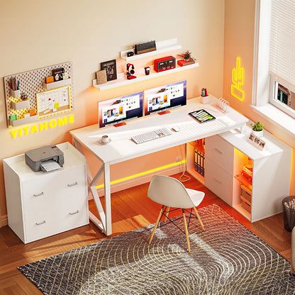 AGRTY55 inch reversible L-shaped office desk with power socket and filing cabinet - multifunctional computer desk with LED lights, modern design, space saving, suitable for home office