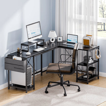 Lulive L-Shaped Computer Desk, 95" Reversible Computer Desk Office Desk with 3 Shelves/Monitor Stand/Storage Bag/Hooks for Home Office, Black