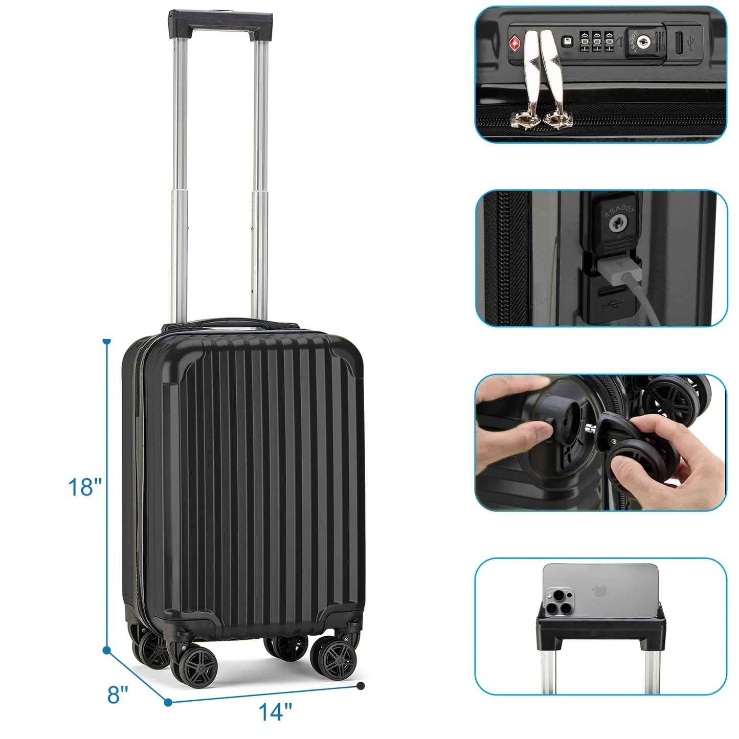 Personal Item Suitcase 18x14x8 Inches Hardside Built In TSA Lock & USB Port Lightweight Luggage With Removable Silent Wheels Underseat Carry-On Bag For Spirit and Frontier and More (Black)