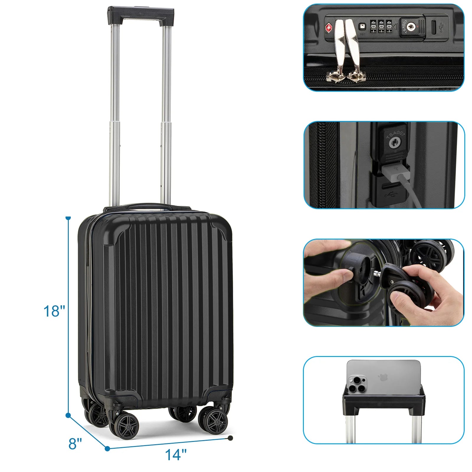 Personal Item Suitcase 18x14x8 Inches Hardside Built In TSA Lock & USB Port Lightweight Luggage With Removable Silent Wheels Underseat Carry-On Bag For Spirit and Frontier and More (Black)