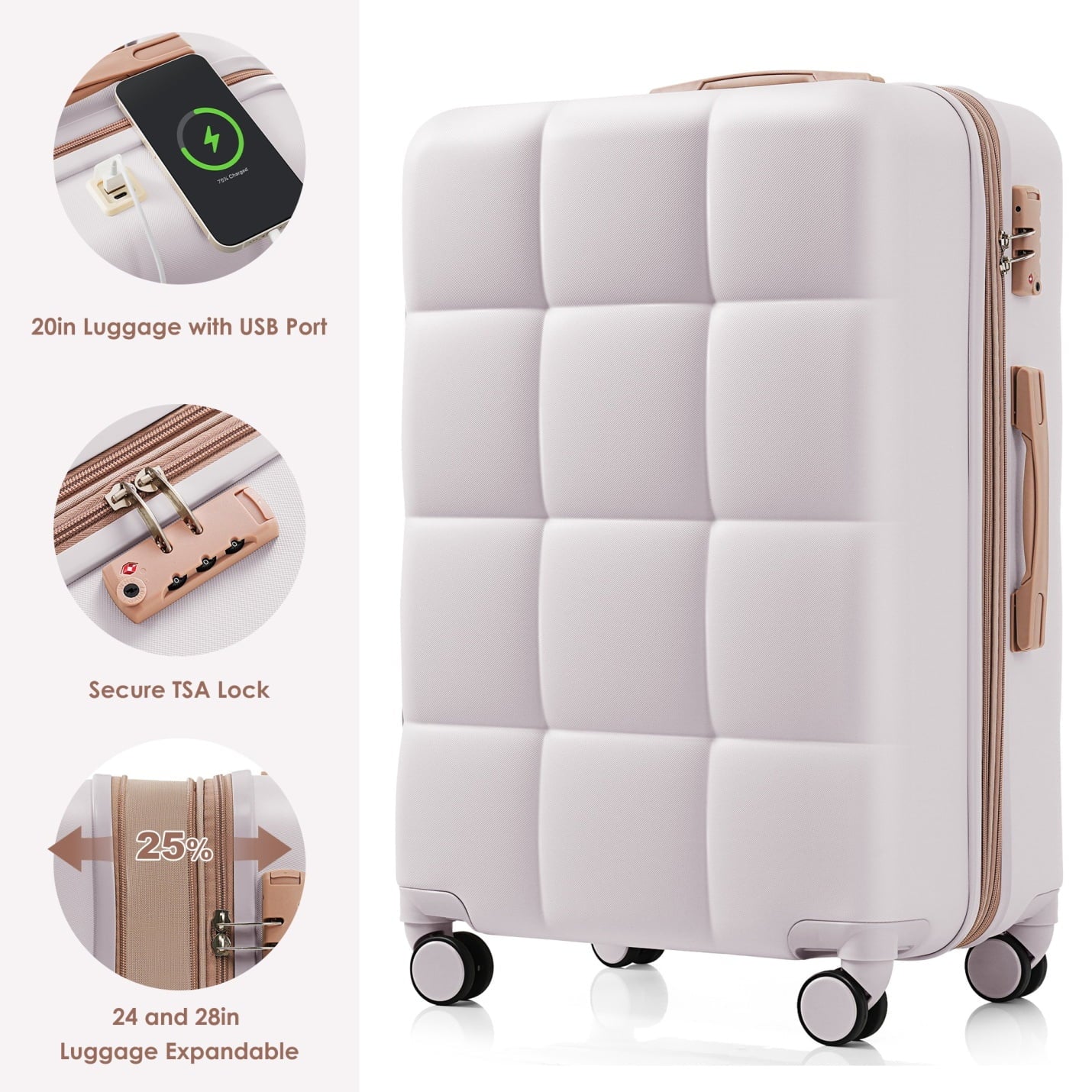 Luggage Sets 4 Piece, Expandable Suitcase Set with USB Port and Cup Holder, ABS Hardshell Carry on Luggage with Spinner Wheels and TSA Lock (20in24in28in), Black