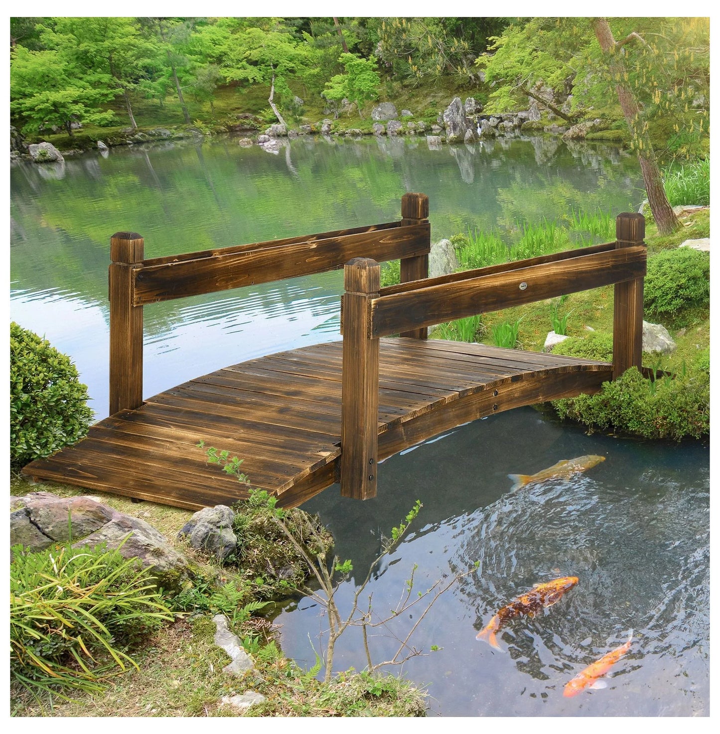 7.5' Wooden Garden Bridge with Planters, Stained Arc Footbridge for Backyard, Pond & Stream