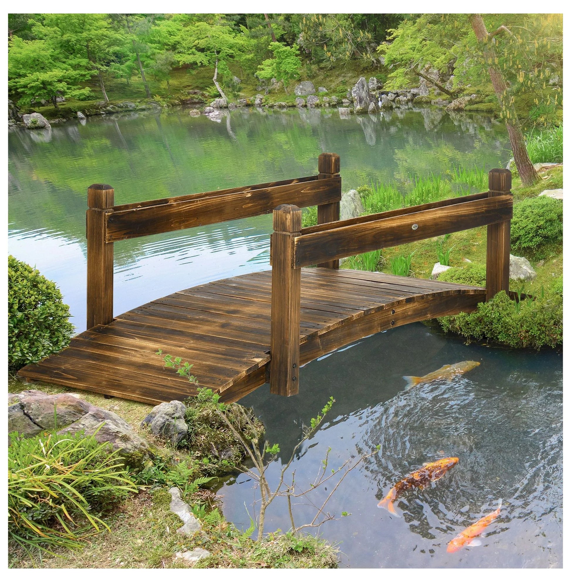 7.5' Wooden Garden Bridge with Planters, Stained Arc Footbridge for Backyard, Pond & Stream