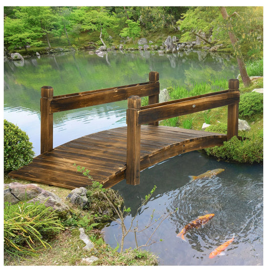 7.5' Wooden Garden Bridge with Planters, Stained Arc Footbridge for Backyard, Pond & Stream