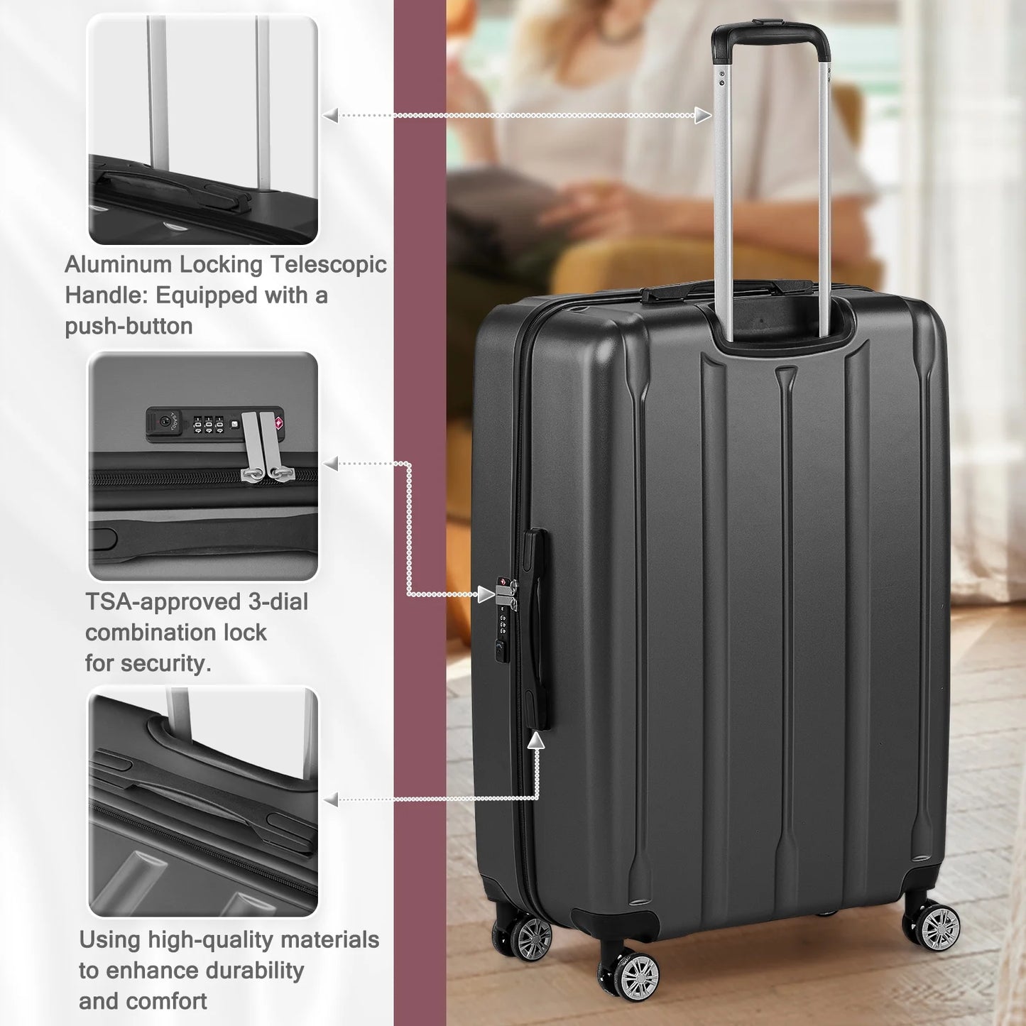 UBesGoo 3 Piece Hardshell Luggage Set, ABS Hardside Lightweight Trolley Carry On Suitcase with TSA Lock Spinner Wheels, Dark Gray