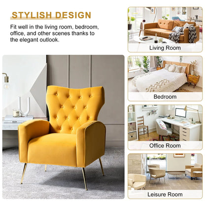 14 Karat Home Fall Home Decor Velvet Accent Chair Button Tufted Metal Legs Adult Living Room Mustard