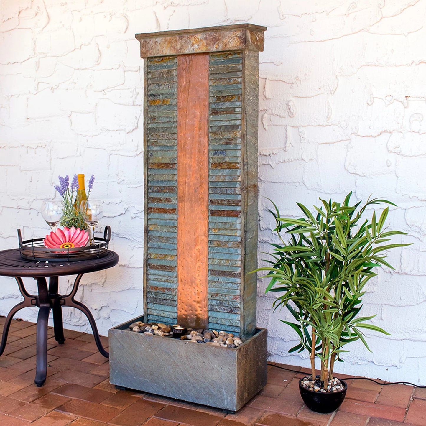 Sunnydaze 48"H Electric Natural Slate with Copper Accents Rippled Column Outdoor Water Fountain with LED Spotlight