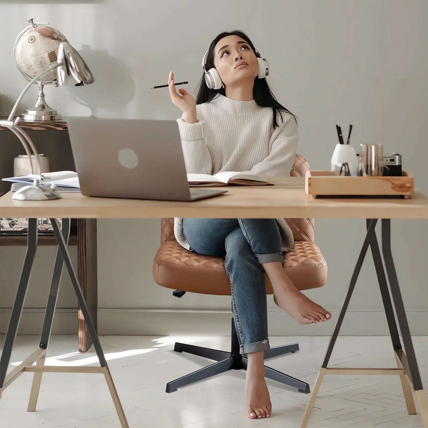 JONPONY Armless PU Leather Office Desk Chair,Cross Legged Home Office Chair No Wheels Heavy Duty Metal Base,120° Rocking Ergonomic PC Chair,Brown