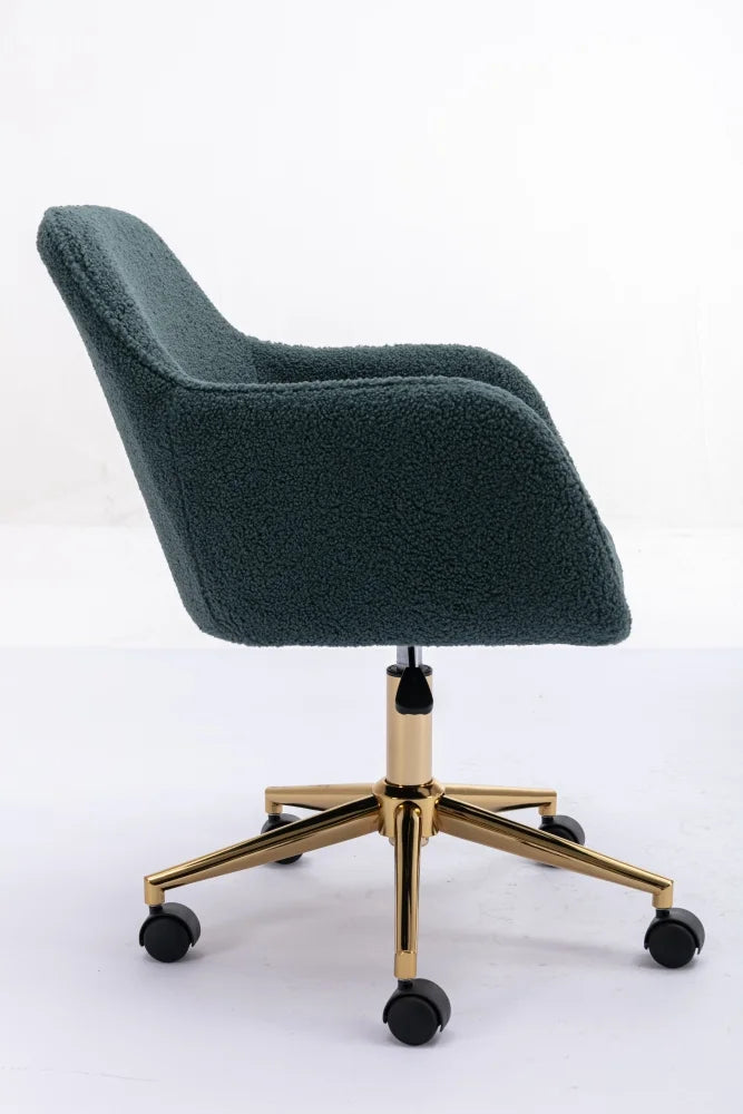 Modern Swivel Desk Chair, Teddy Fabric Home Office Task Chair Adjustable Swivel Mid-Back Cute Upholstered Accent Vanity Armchair with Gold Metal Legs and Universal Wheel for Home Office, Green