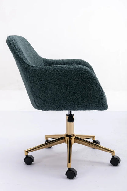 Modern Swivel Desk Chair, Teddy Fabric Home Office Task Chair Adjustable Swivel Mid-Back Cute Upholstered Accent Vanity Armchair with Gold Metal Legs and Universal Wheel for Home Office, Green