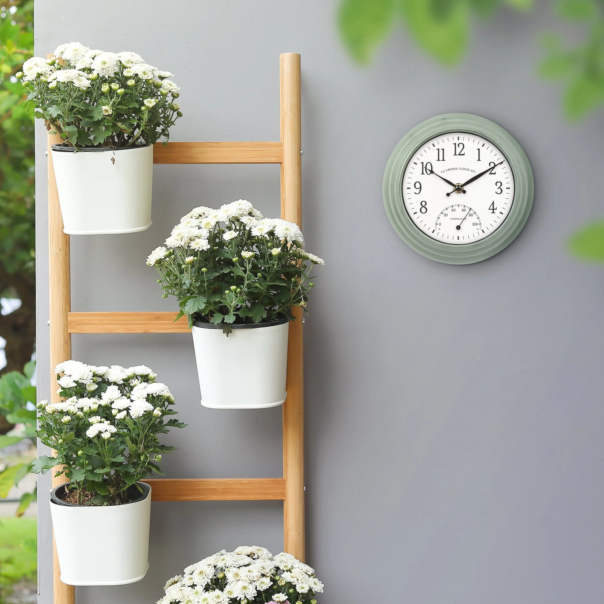 La Crosse 8" Sage Green Indoor/Outdoor Classic Quartz Analog Clock with Temp, 433-3020