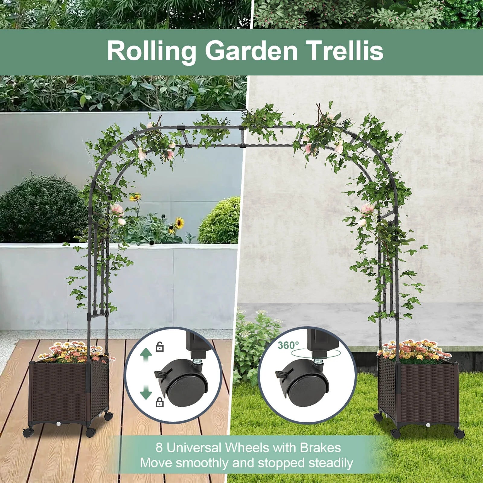 Costway 6.6 FT Tall Metal Garden Arbor with 2 Raised Garden Planters Arch Trellis Outdoor