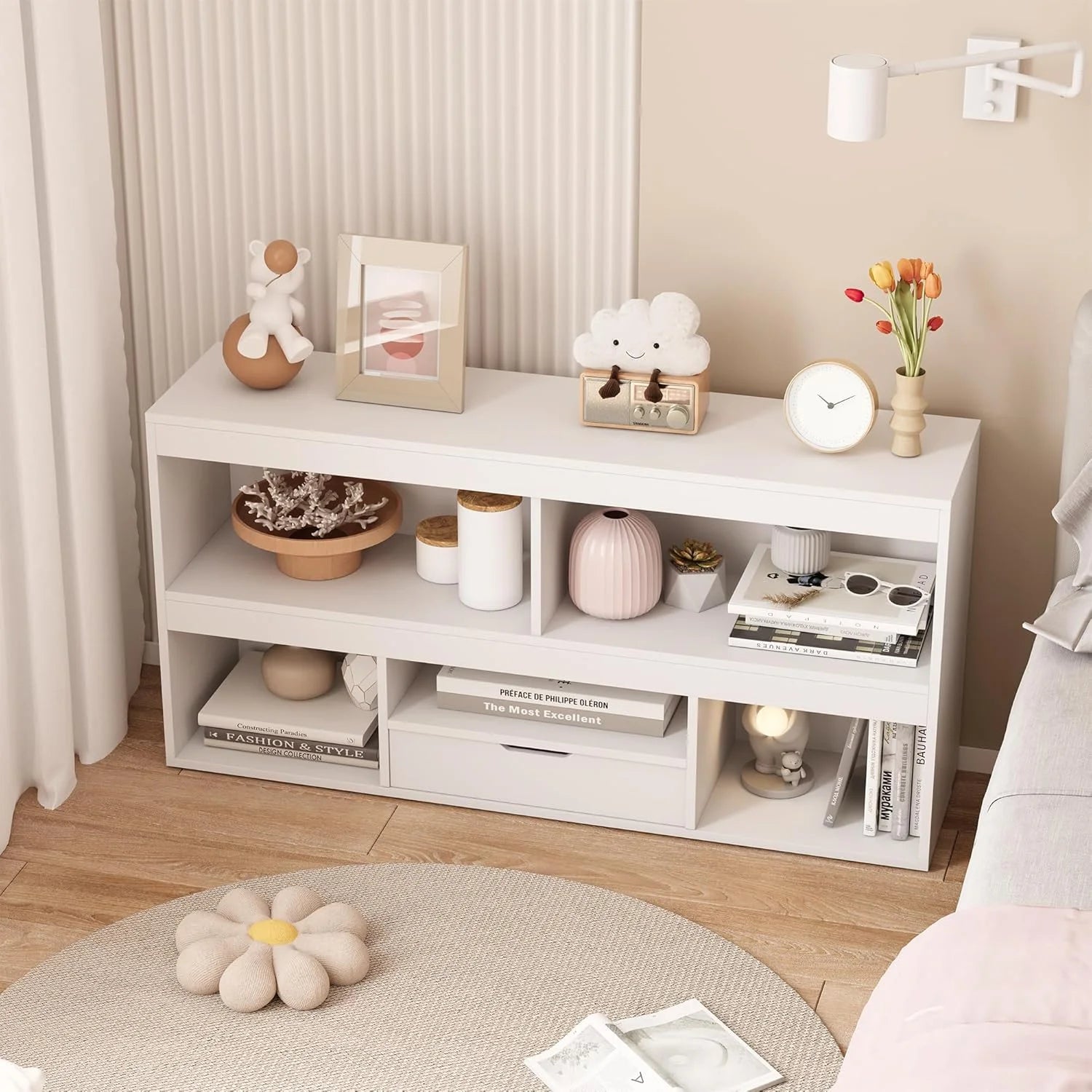 Kids Bookshelf with Drawer Nursery Bookcase Wooden Toy Storage Organizer Playhouse Storage Shelves White Book Shelf for Playroom, Classroom, Nursery, Kids Room
