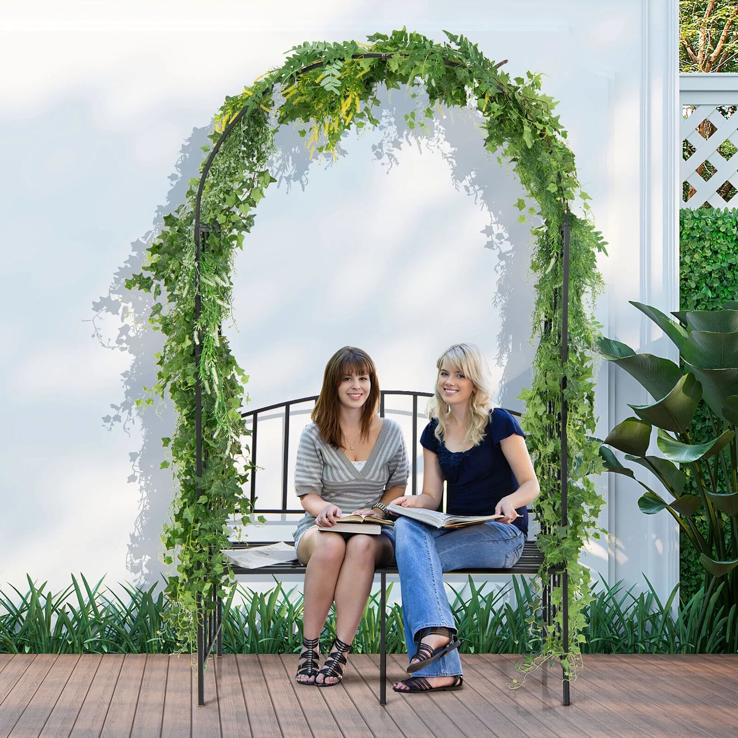 Gymax Steel Garden Arch w/2-Seat Bench 6'7''H x 3'8''W Outdoor Arbor for Climbing Plants