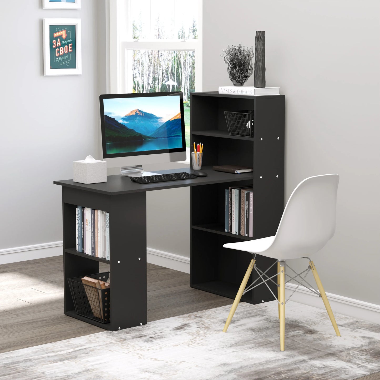 HOMCOM Modern Compact Computer Desk with 6-Tier Storage Shelves, Writing Table Workstation with Bookshelf for Home Office, Gray