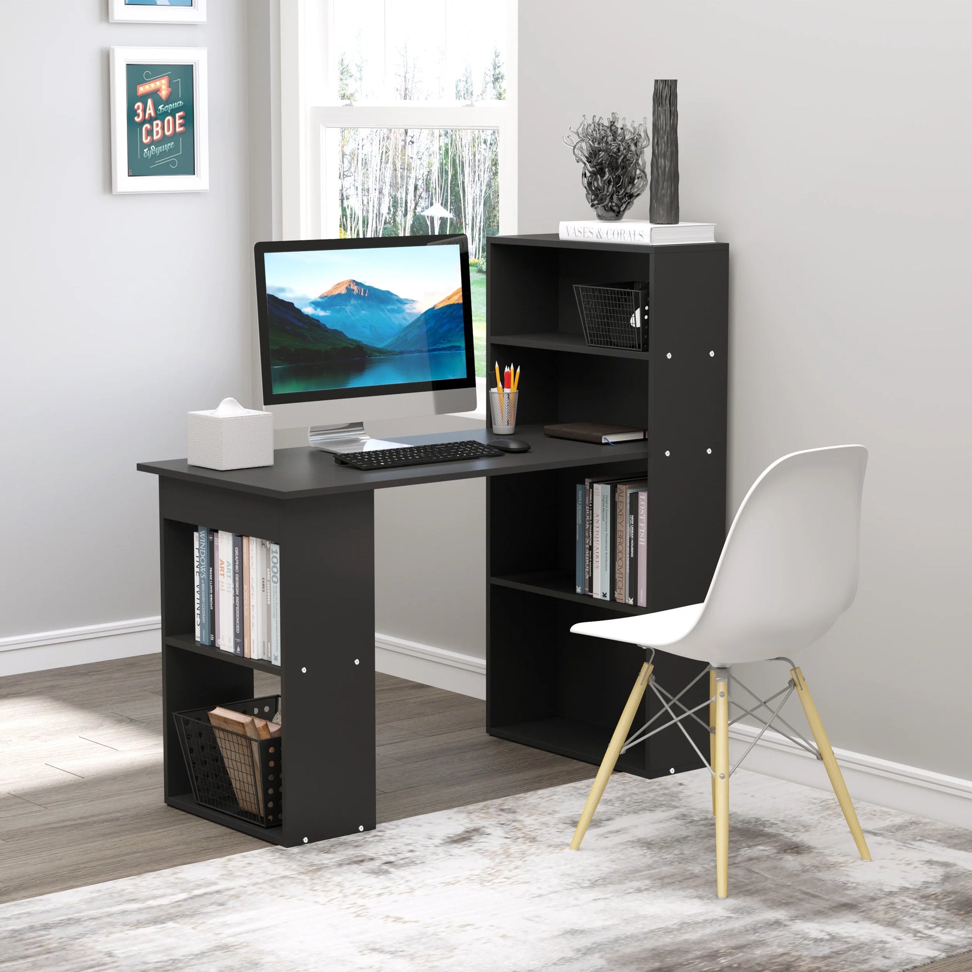 HOMCOM Modern Compact Computer Desk with 6-Tier Storage Shelves, Writing Table Workstation with Bookshelf for Home Office, Gray