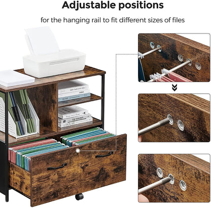 VASAGLE Lateral File Cabinet for Home Office, Filing Cabinet with Open Shelves and Drawer, Rustic Brown and Black