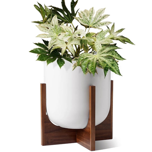 BEMAY 12" White Ceramic Planter with Wood Stand, Large Indoor Plant Pot and Flower Pot for Tall Plants and Houseplants, Mid Century Modern Decor