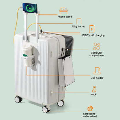 24 Inch Checked Luggage with Front Pocket, USB Charging Port, Built-in lock Carry on Suitcase, Cup Holder and Phone Holder, Medium Hardside Suitcase with Spinner Wheels, White