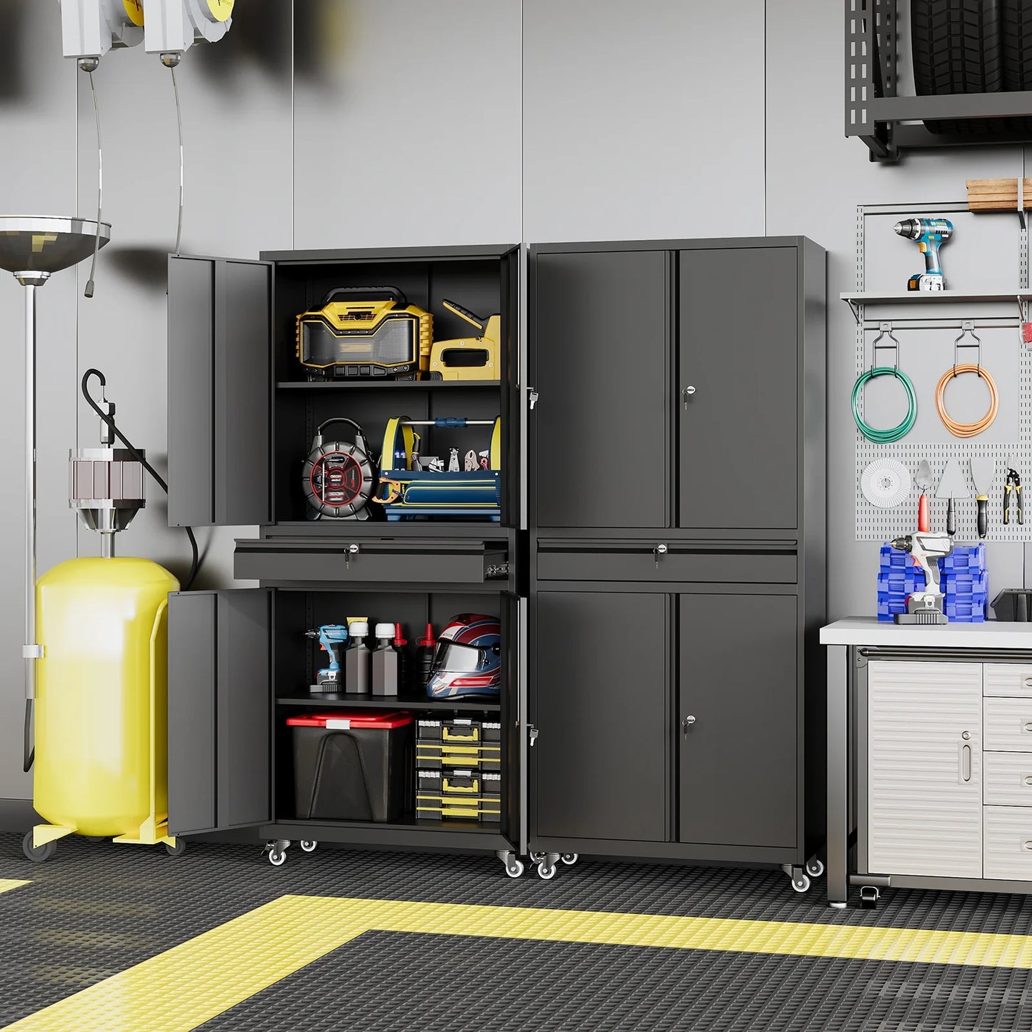 STANI Metal Garage Storage Cabinets with Drawer, 4 Doors Tool Storage Cabinet with 2 Adjustable Shelves, 73"H Rolling Steel Locking Cabinet for Garage Utility Room Home Office (Black, 4 Wheel)
