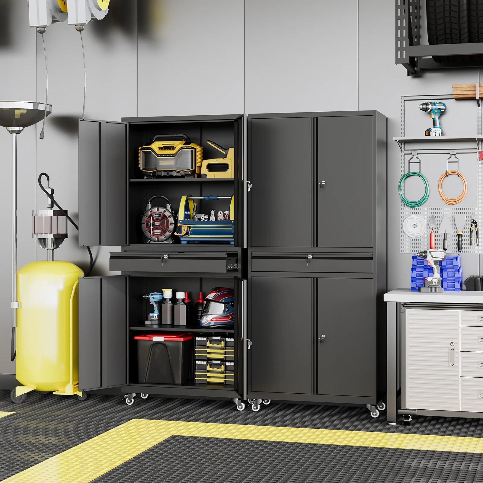 STANI Metal Garage Storage Cabinets with Drawer, 4 Doors Tool Storage Cabinet with 2 Adjustable Shelves, 73"H Rolling Steel Locking Cabinet for Garage Utility Room Home Office (Black, 4 Wheel)