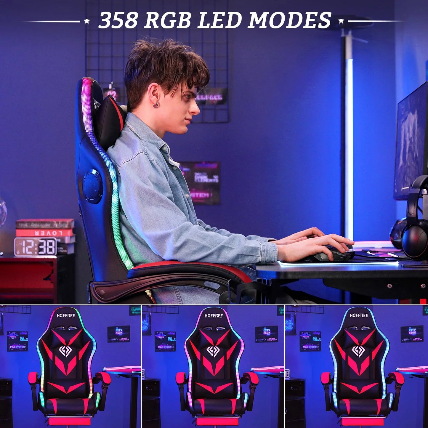 Hoffree Gaming Chair with Bluetooth Speakers Office Chair with Footrest and LED Lights Ergonomic Gaming Chairs High Back with Lumbar Support and Headrest Adjustable Swivel for Home Office 300lb