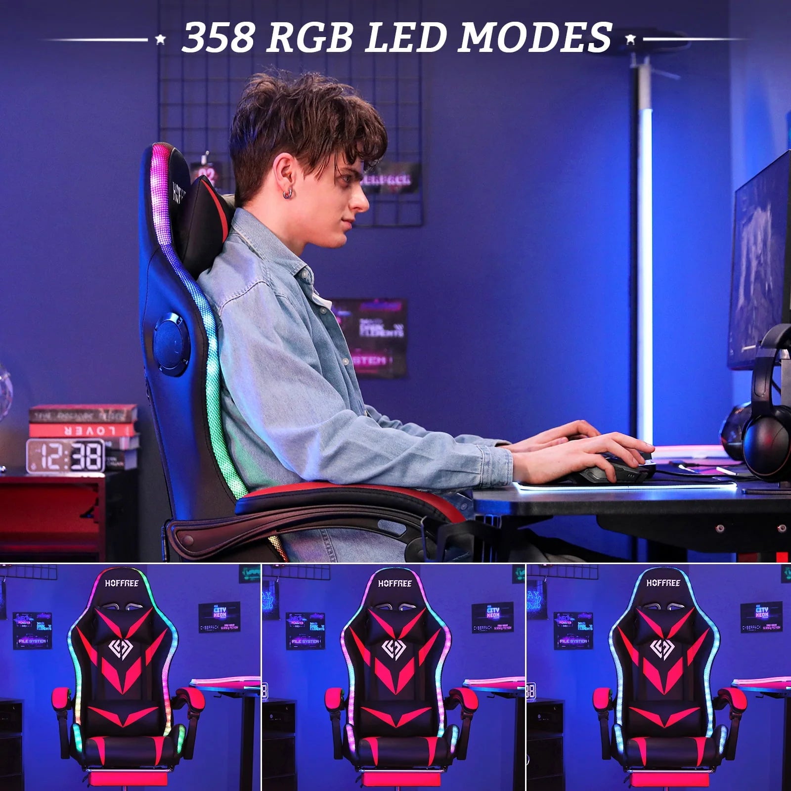 Hoffree Gaming Chair with Bluetooth Speakers Office Chair with Footrest and LED Lights Ergonomic Gaming Chairs High Back with Lumbar Support and Headrest Adjustable Swivel for Home Office 300lb