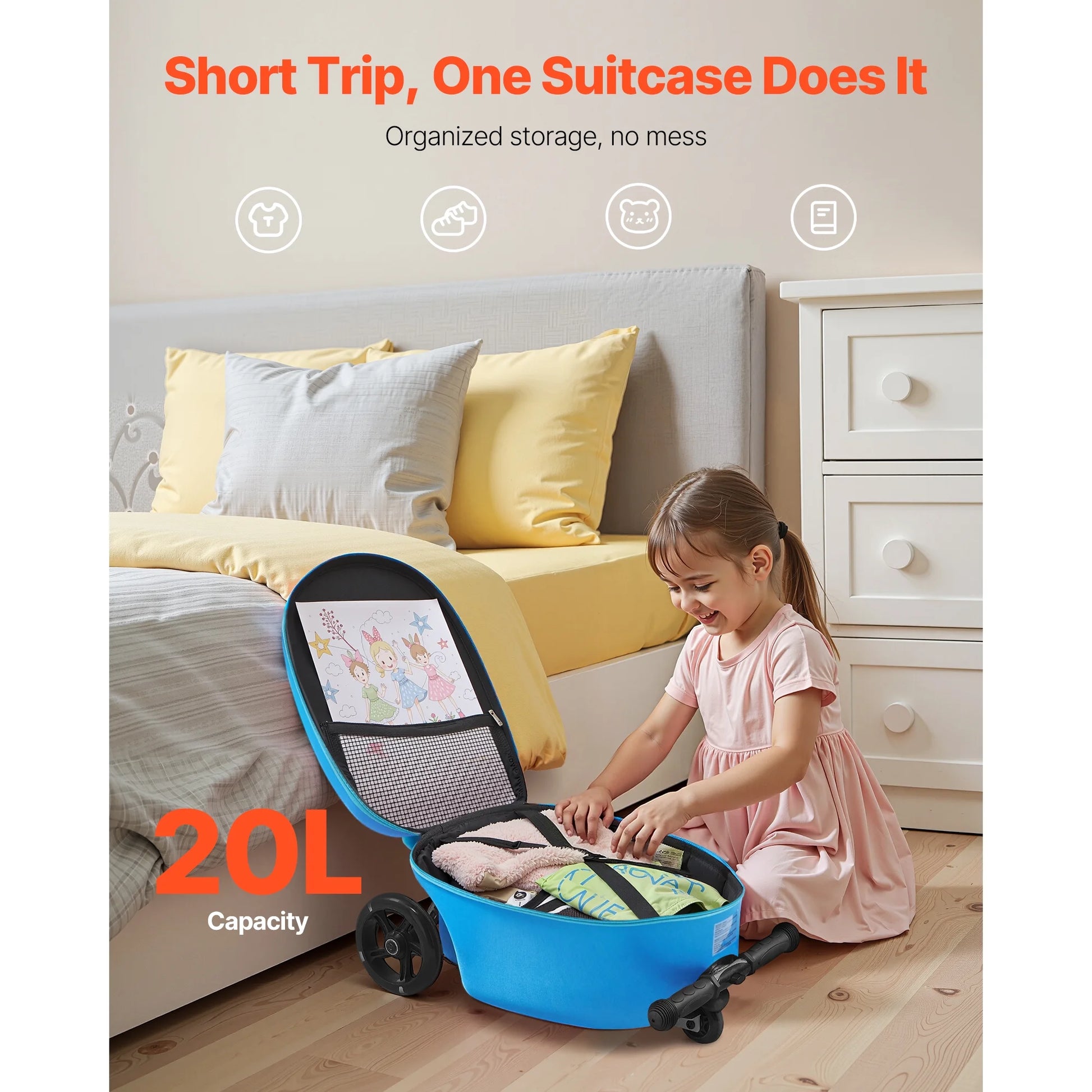 KFFKFF Ride-on Luggage for Kids, 20L Capacity, 20-Inch Scooter Suitcase with Flashing PU Wheels, Adjustable Handle & Non-Slip Grip, Foldable and Lightweight Design for Children Aged 5+, Blue