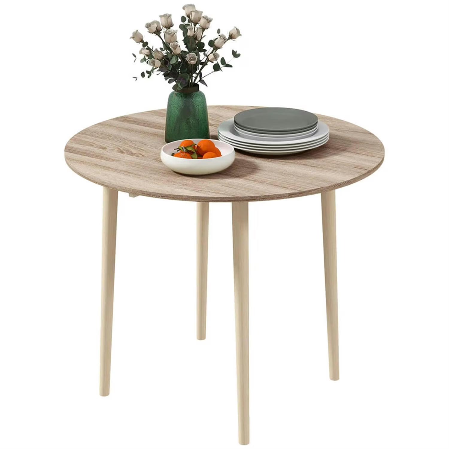 Finihen 35" Solid Wood Rustic Kitchen Table, Drop Leaf Round Dinner Table for Dining Room, Home Office, Living Room Furniture, Beige