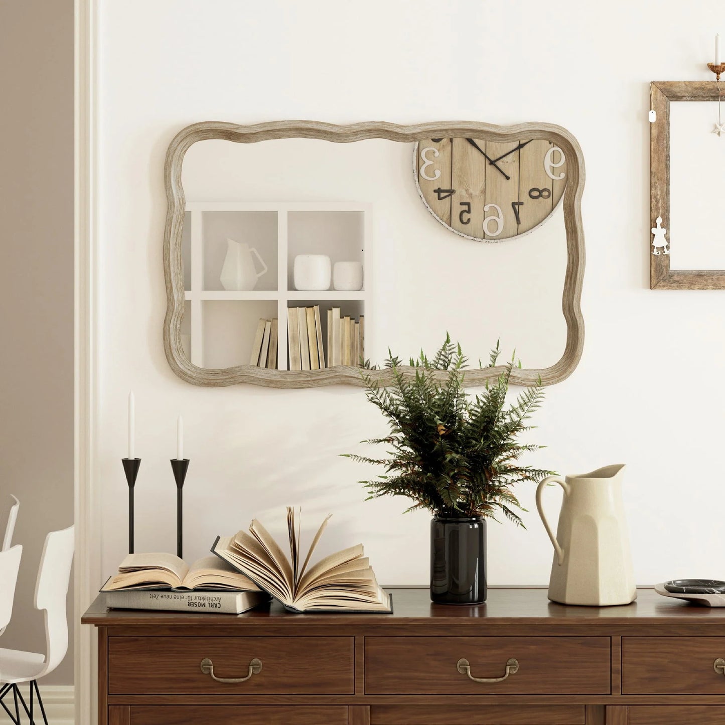 COZAYH Curved Wood Frame Accent Mirror, Farmhouse French Country Decorative Wall Mirror, Rectangle 23.5" L x 38" W, Natural