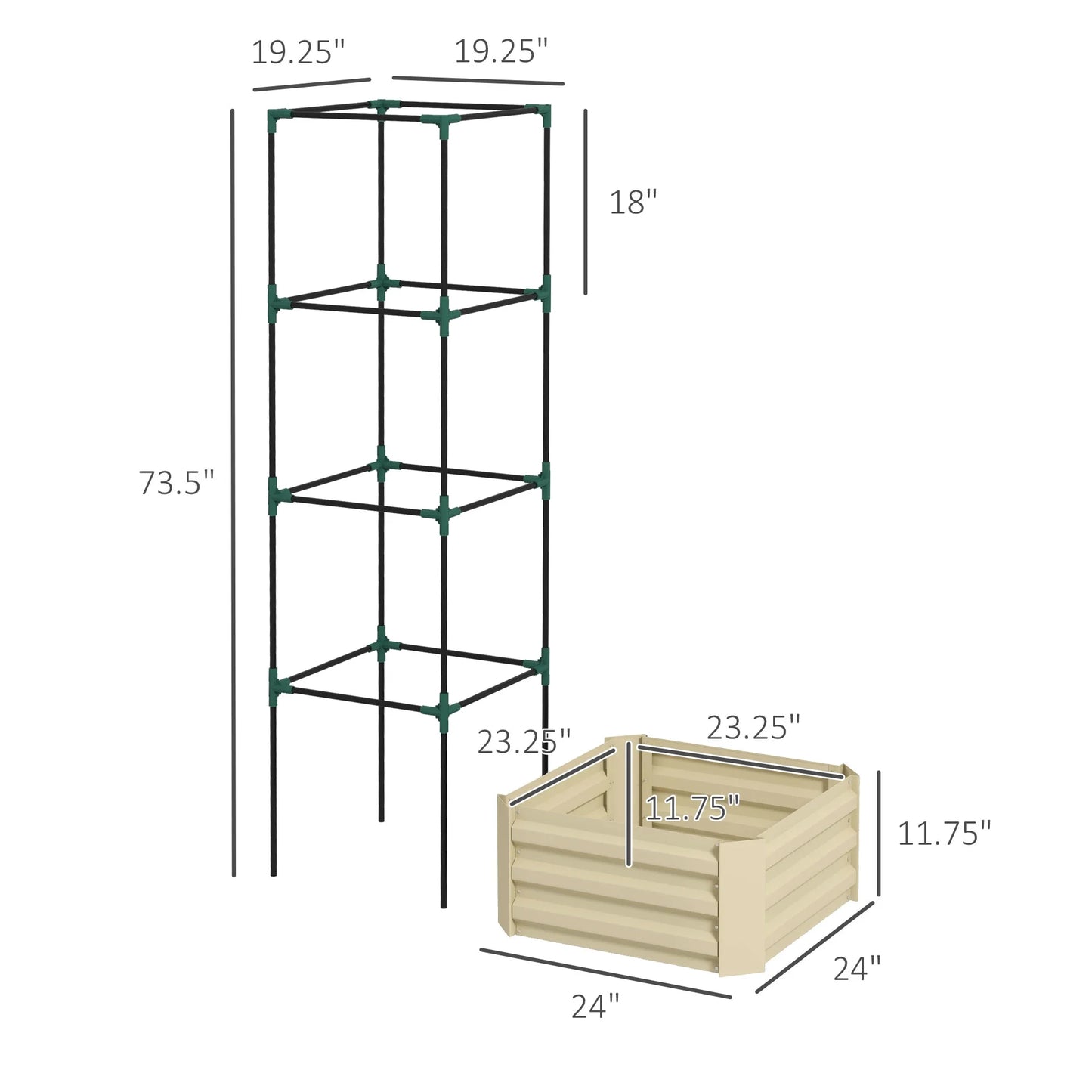 Outsunny Galvanized Raised Garden Bed,24" X 24" X 11.75" Outdoor Planter Box with Trellis Tomato Cage and Open Bottom for Climbing Vines,Vegetables,Flowers In Backyard,Garden,Patio,Cream,White Steel