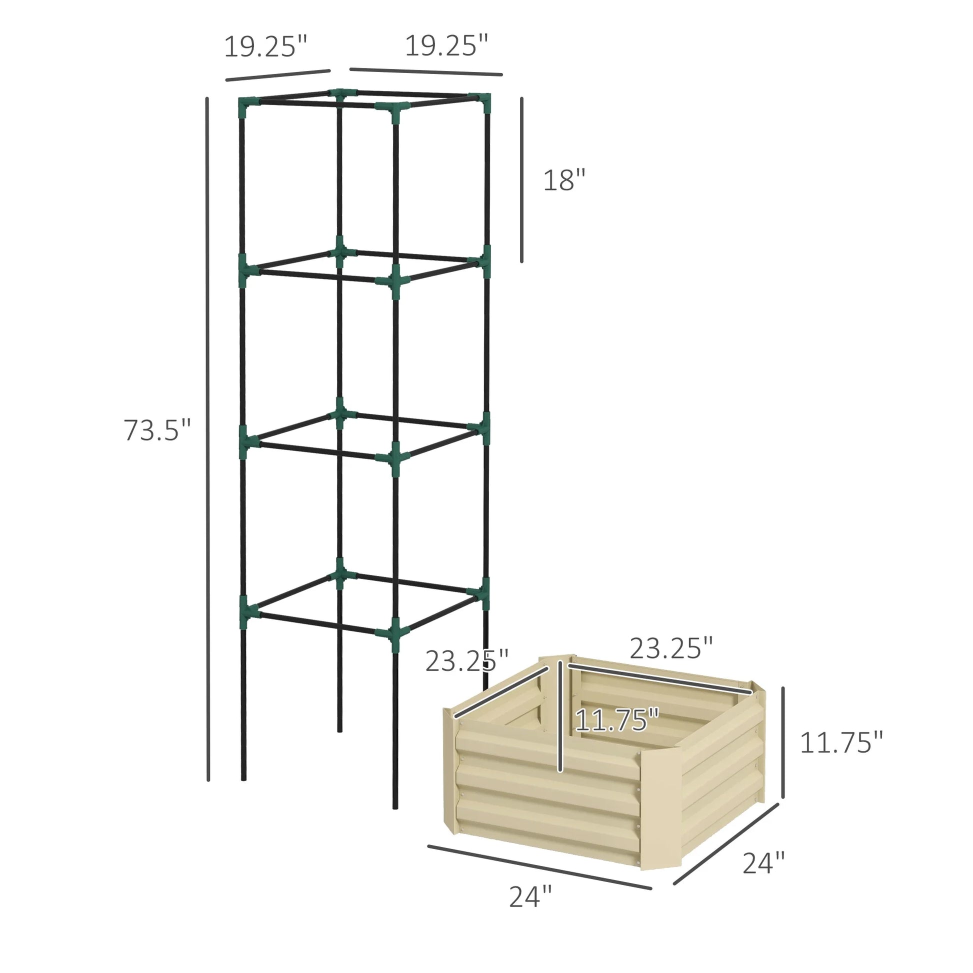 Outsunny Galvanized Raised Garden Bed,24" X 24" X 11.75" Outdoor Planter Box with Trellis Tomato Cage and Open Bottom for Climbing Vines,Vegetables,Flowers In Backyard,Garden,Patio,Cream,White Steel