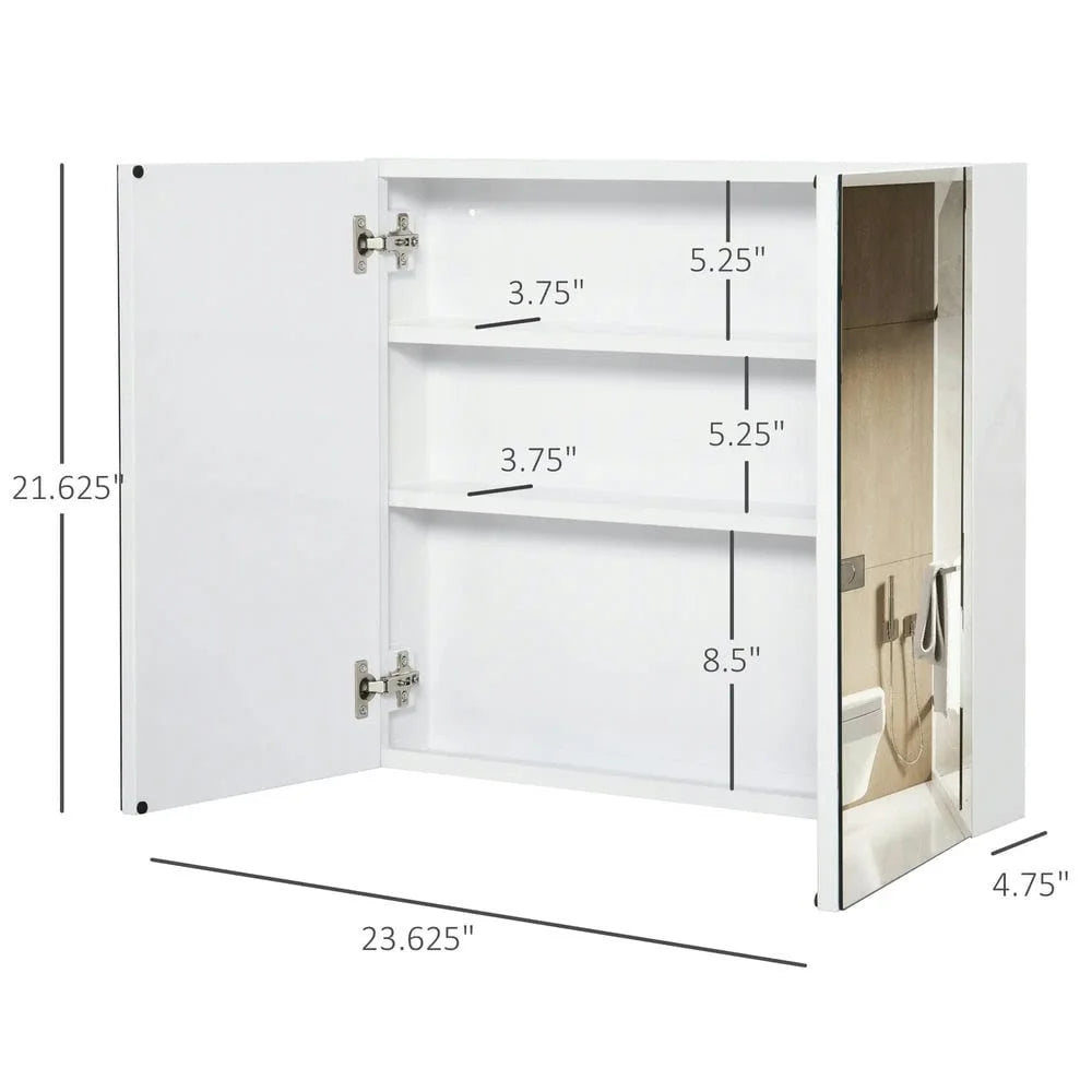 Spaco Bathroom Mirrored Cabinet with Double Doors, 24"x22" Steel Frame Medicine Cabinet, Wall-Mounted Storage Organizer, White