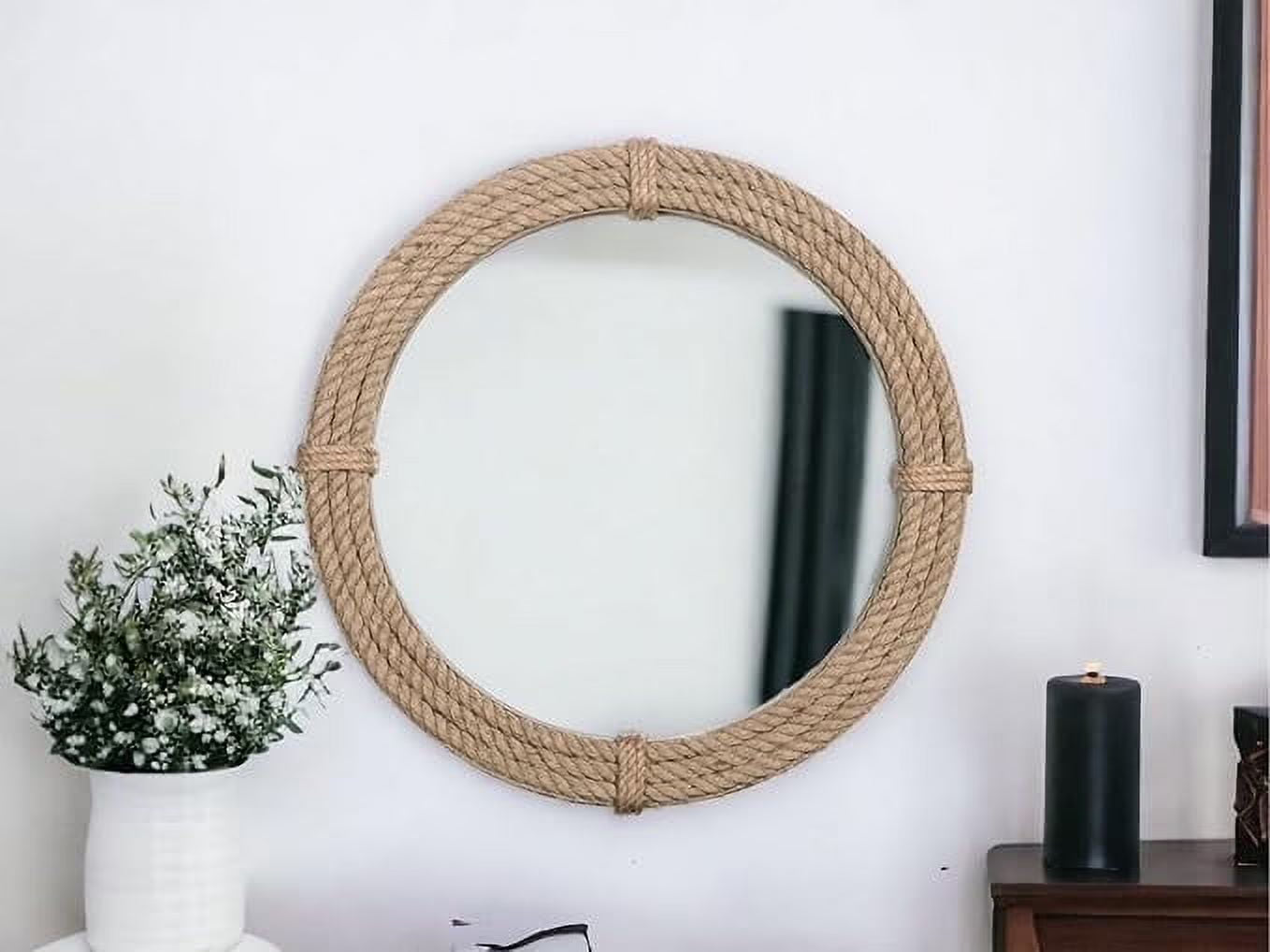 Round Jute Wall Mirror Decorative Wall Mounted Nautical Themed Rustic Rope Mirror with Hanging Loop, Handcrafted Vintage Nautical Design, Brown (18 Inch)
